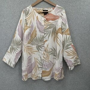 Tahari Women's Plus 100% Linen Tropical Print Beach Tunic Long Sleeve‎ Size 1X